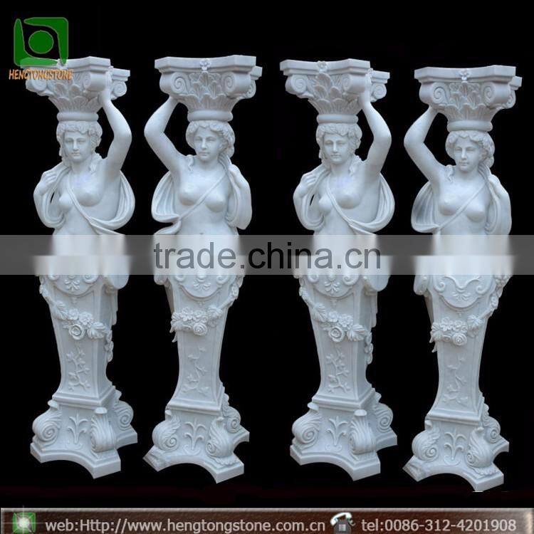 Natural Marble Hand Carved Carved White Marble Column With Figure