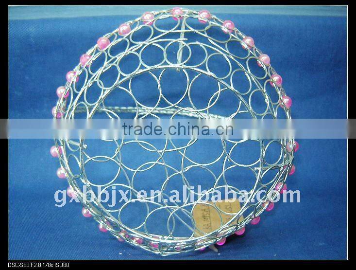 Silver round storage wire hanging basket frame decorative with red pearl