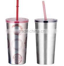 500ml stainless steel Inner plastic outer steel double layer cup with straw