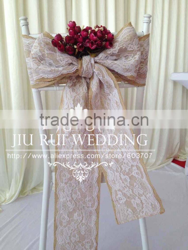 Natural Burlap Hessian Chair Sash Jute Chair Band with Lace at Middle for Rustic Wedding