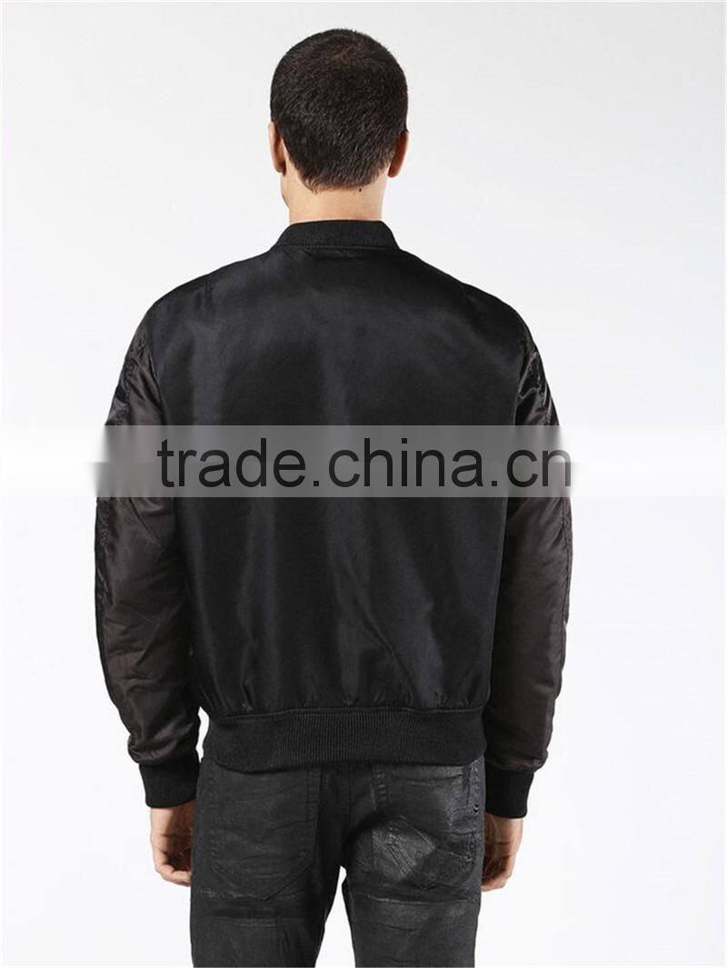 MGOO Manufacturer Custom Designs Mens Jackets Basic Plain Black Bomber Jackets 100 Cotton Long Sleeves Pockets