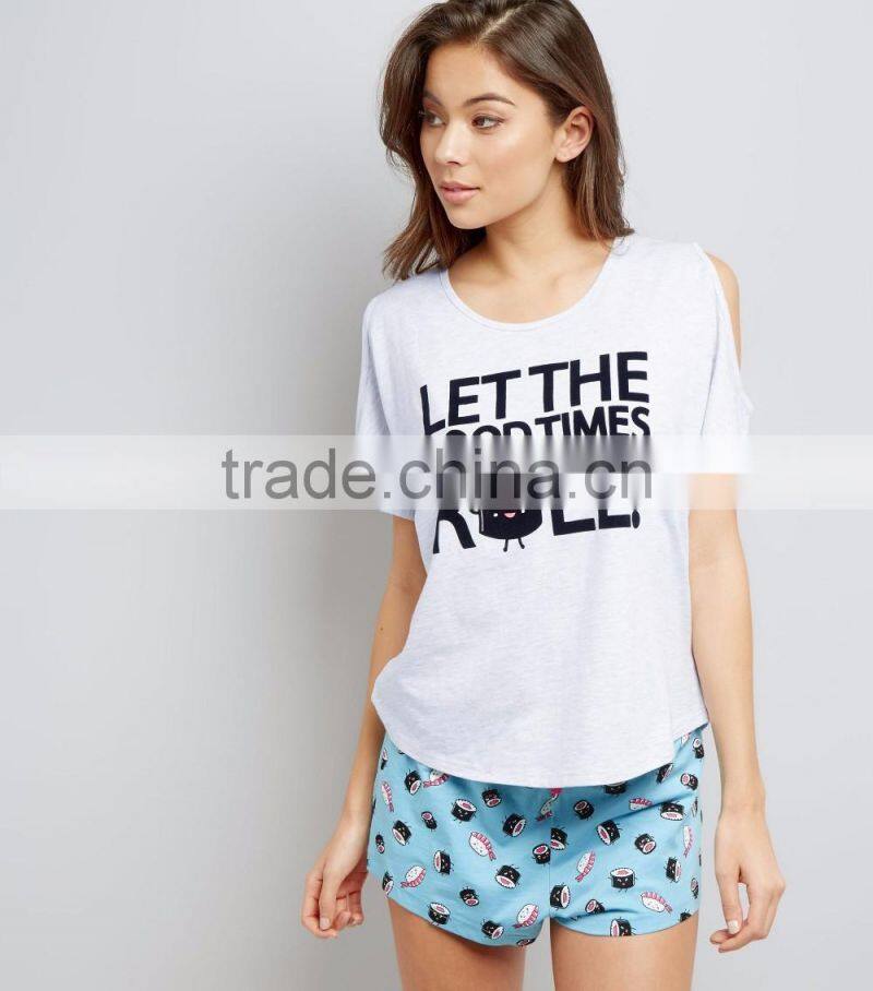 Grey Let The Good Times Roll Custom Logo Women Pyjama Set Cold Shoulder Design T Shirt With Shorts Nightwear