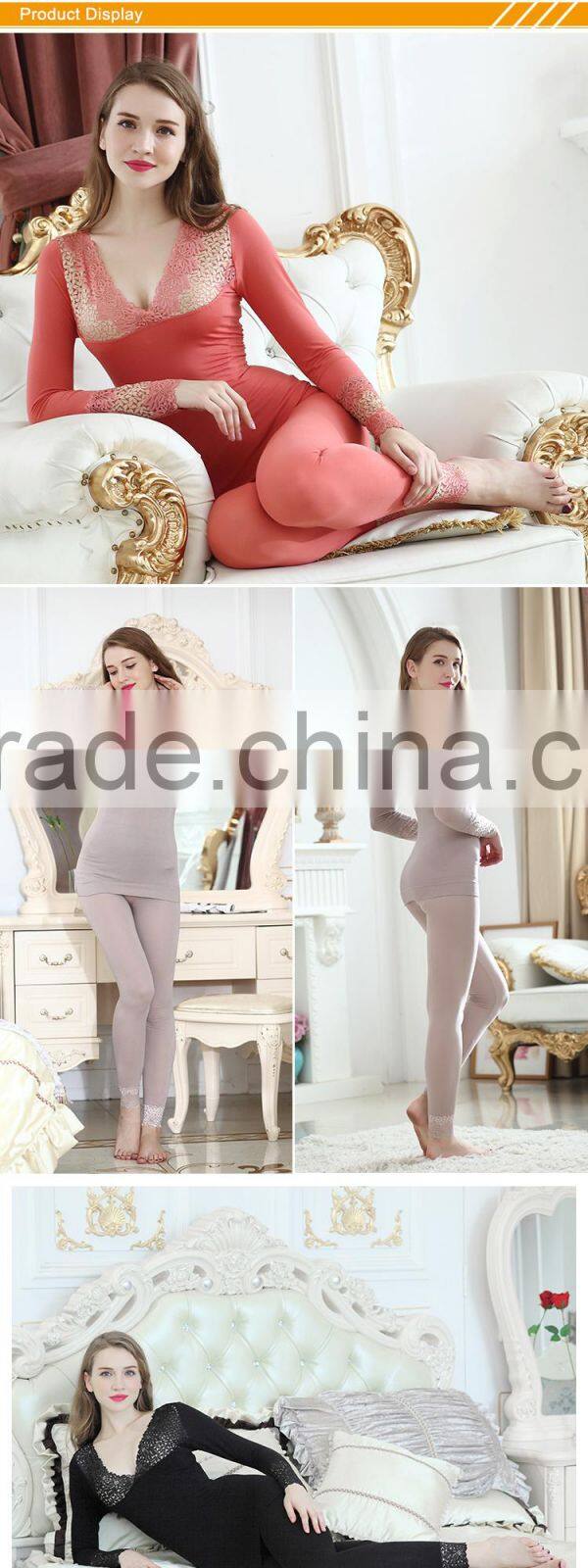 Hsz-TU004 V-neck Cotton Lace Top Ladies Sexy Slim Top Hot Sale Breathable Long Thermal Underwear