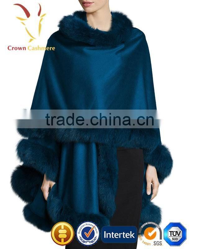 Ladies New Style Winter Wholesale Cashmere Poncho With Rabbit Fur Poncho