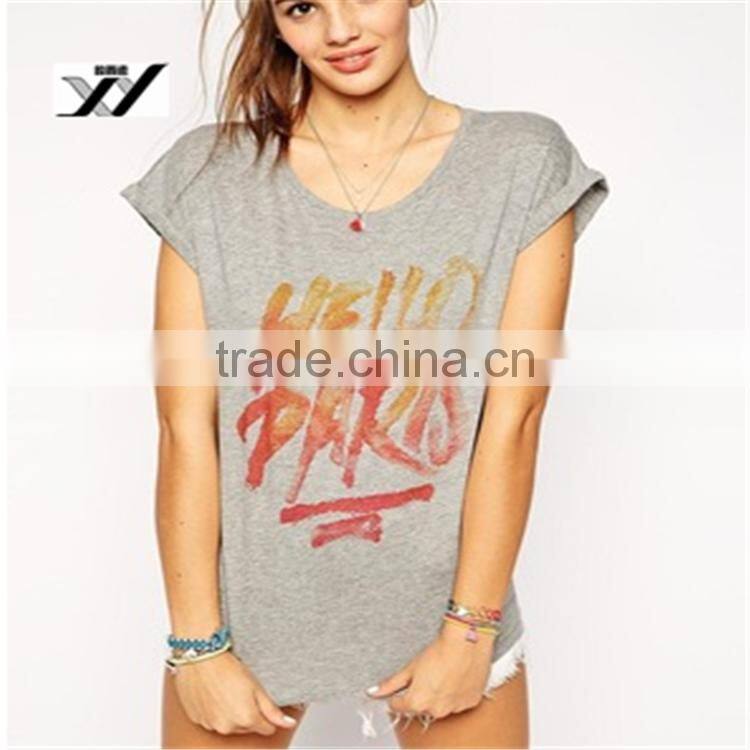 Wholesale Rolled sleeves printing 100%cotton ladies t-shirts