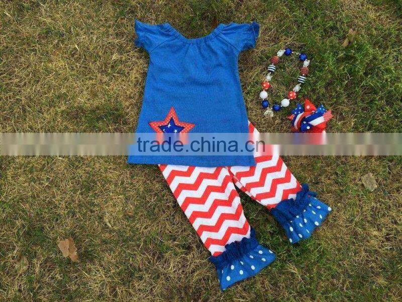 2015 hot sell baby girls 4th of July patriotic capri sets ruffle outfits with matching necklace and neckalce