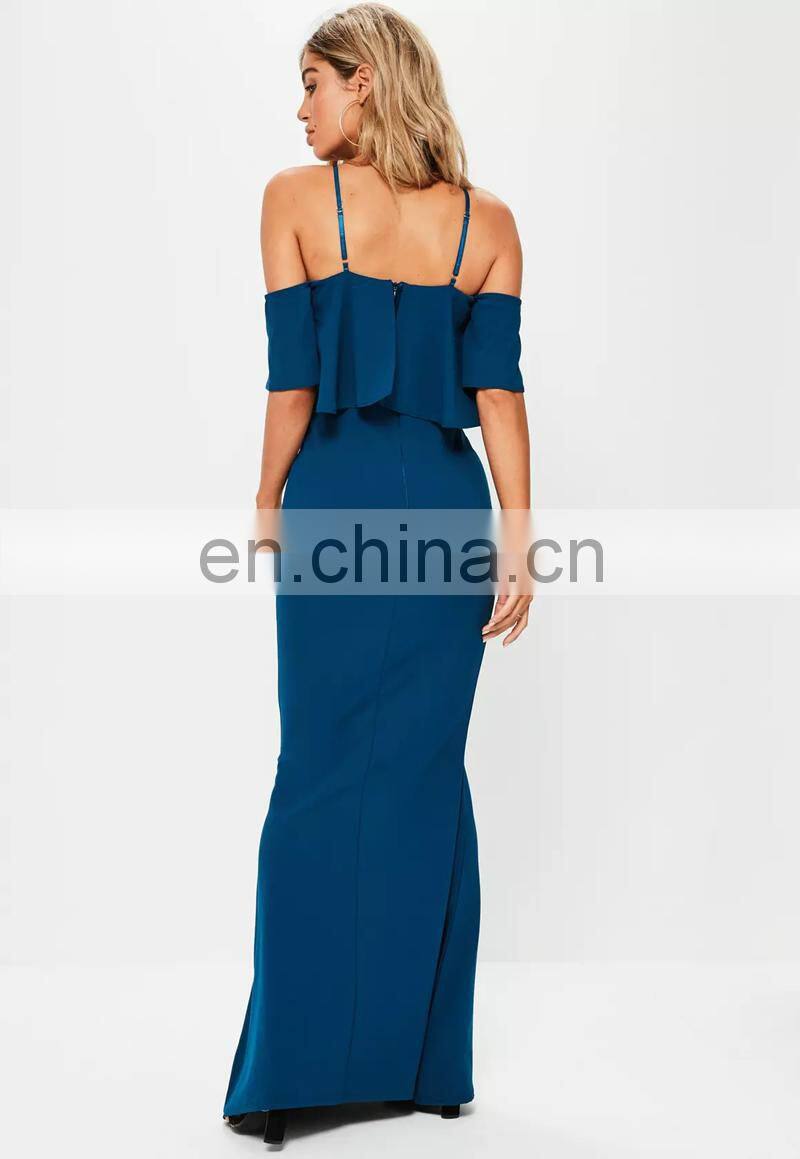 Chic Style Blue Strappy Frill Fishtail Long Maxi Dress
