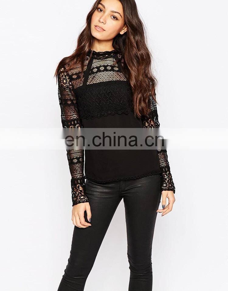 100% Polyester Lace Mock Neck Blouse for ladies