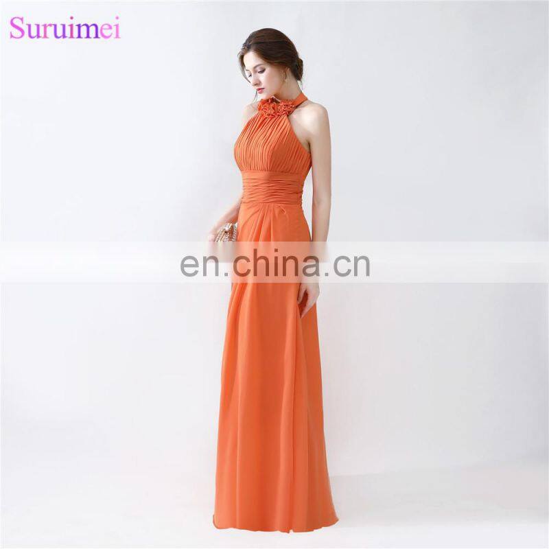 Orange Bridesmaid Dresses Floor Length Pleated Peach Color Chiffon On Sale Halter Bridesmaid Dresses