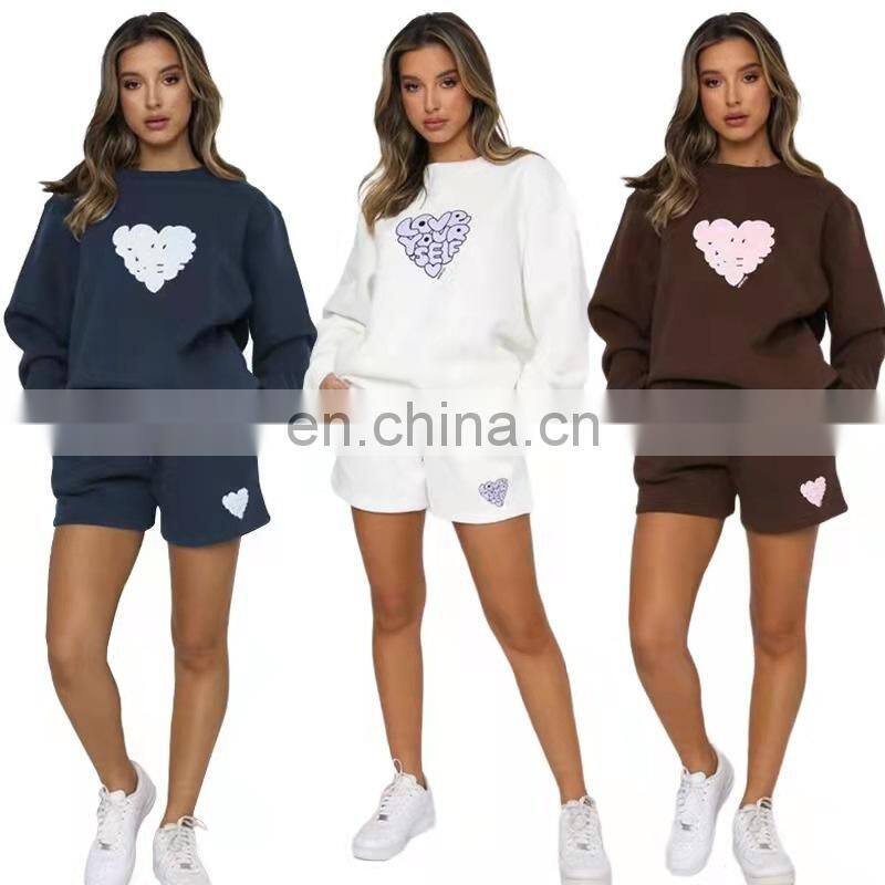 Custom logo autumn and winter casual round neck women's clothing printed letters peach heart shorts long-sleeved sweater suit
