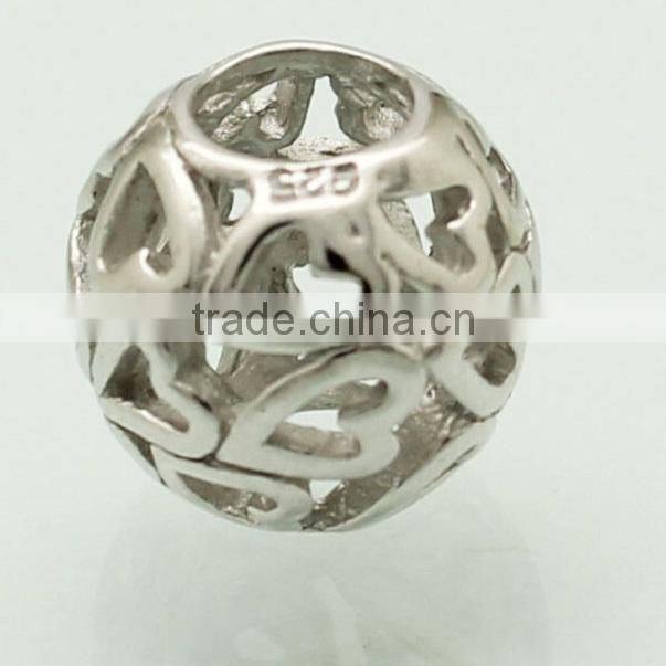 925 sterling silver filigree heart bead for European bracelet