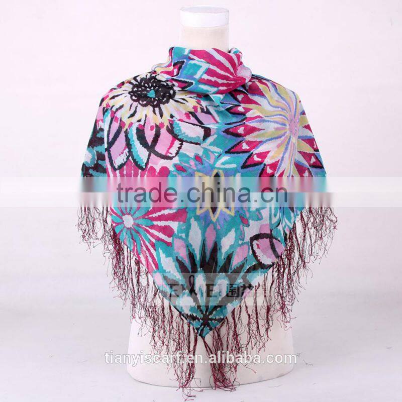 2015 blue set flower polyester and rayon printing fashionable square tassel scarf