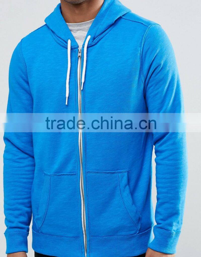 Leisure 100% cotton blue zip up with hood pocket custom made hoodies