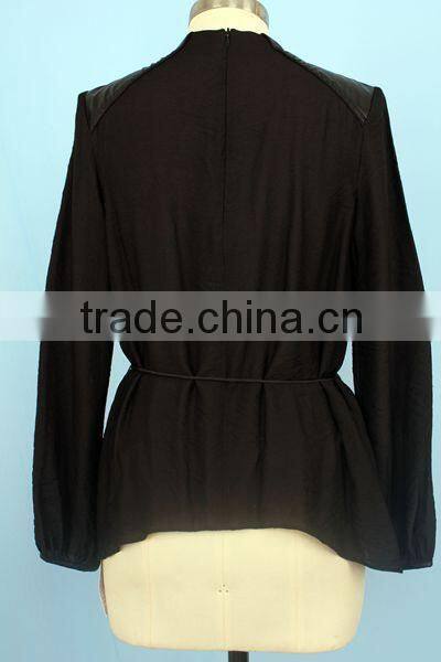 2016 women wear beaded shoulder chiffon long sleeve blouse tops blouse with waistband