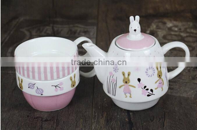 Zakka creative cartoon rabbit couples coffee kettele and mugs ceramic three-piece tea set with stainless steel filter