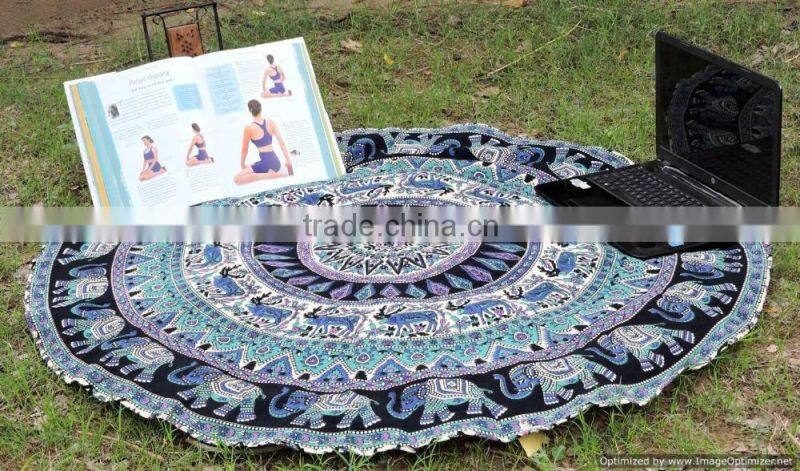 Large Elephant Mandala Round Roundie Wholesaler Indian Tapestry Table Cover Beach Throw Boho Roundie Round Mandala