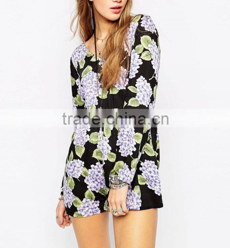 Mini long sleeve hot floral V back jumpsuits