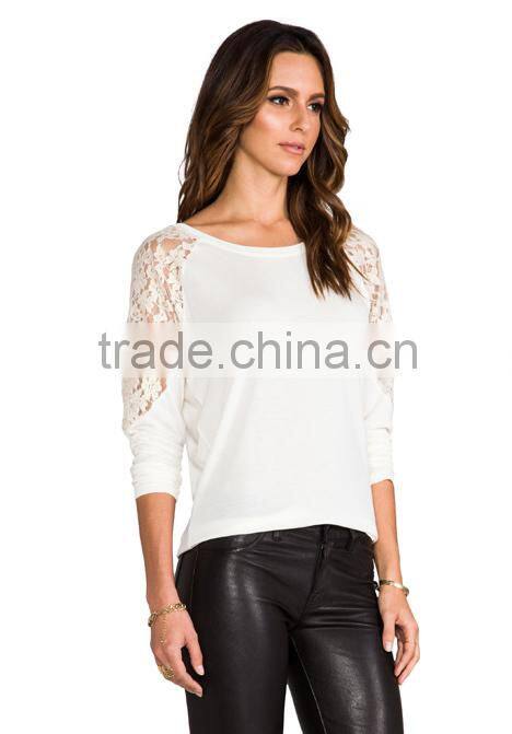 long sleeve fashion women tops ivory lace inserst Korean style crop tops
