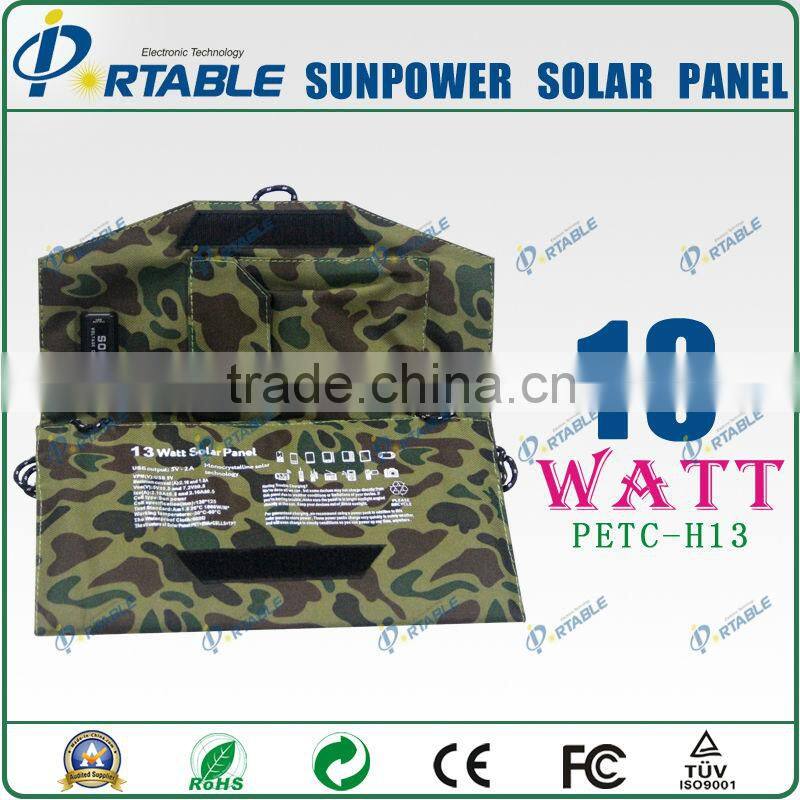 Mini solar mobile charger Sunpower solar model tariff exemption 13W solar folding panel charger (PETC-H13)