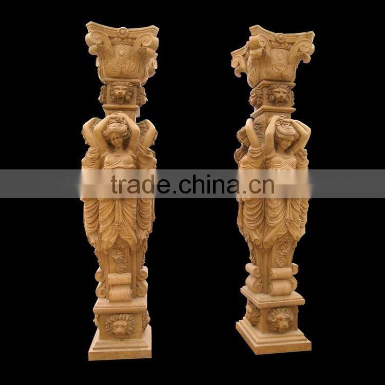 Luxry yellow marbe roman pillar with four lady statues