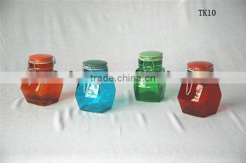 mini hexagon colored airtight glass jar for spices with flip lid
