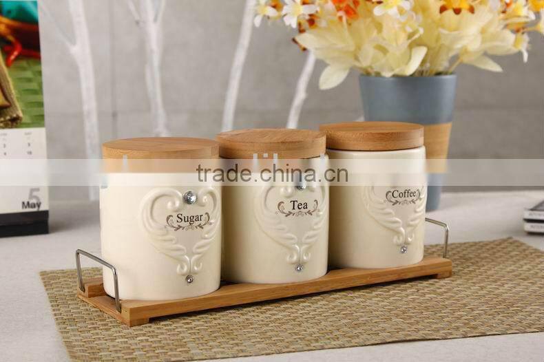ceramic porcelain canister set,ceramic tea sugar coffee jar, ceramic canister,airtight canister with bamboo lid
