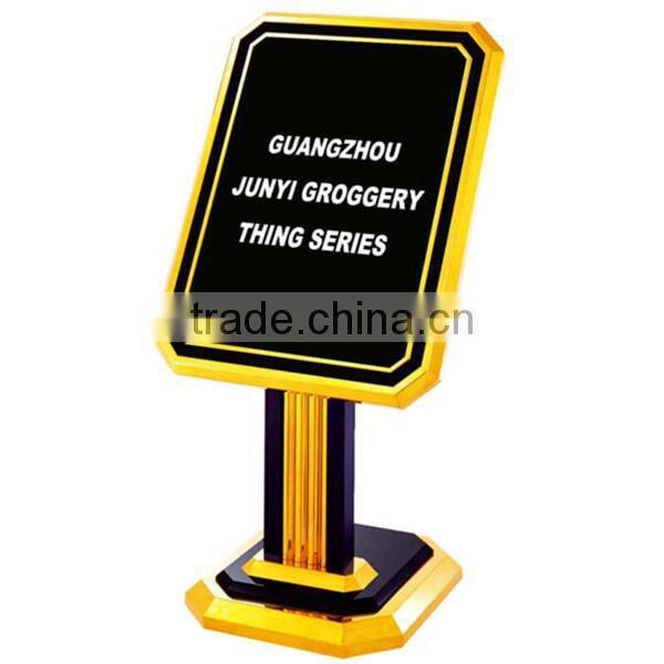 Deluxe golden frame hotel sign stand/ outdoor fashionable iron foot at pavement sign stand/ advertising poster stands P-17