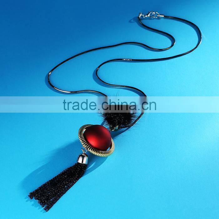 red bead gold hoop pendant long chain necklace black chain tassel necklace pompon necklace
