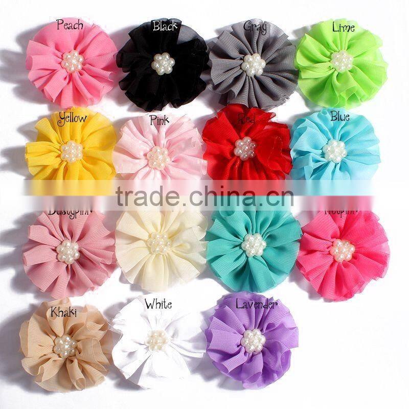 fabric chiffon flower with pearl beads center for kids hair accessories