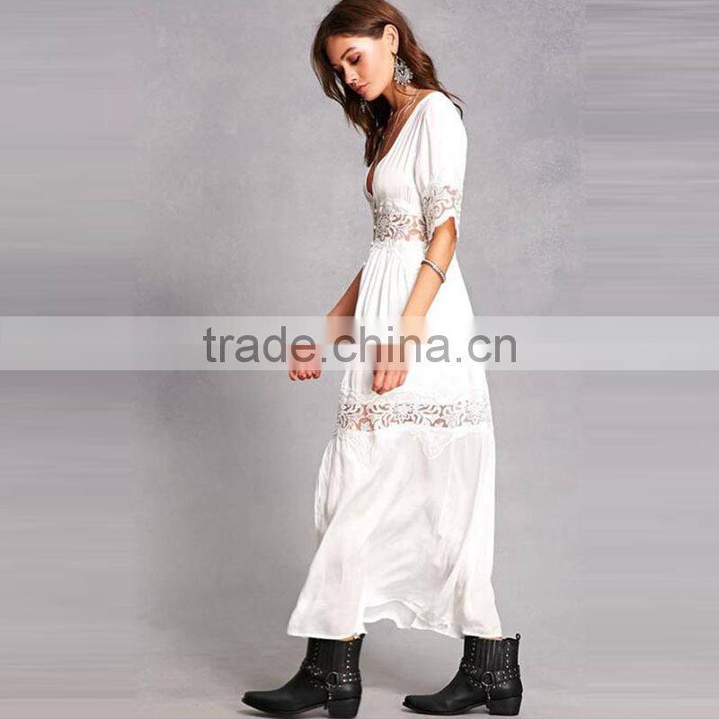 2017 Summer V Neckline Lace Long Dress Short Sleeves White Floral Maxi Lace Dress Hsm9125