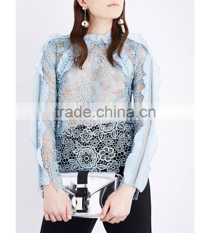 Wholesale High Neck Long Raglan Sleeves Floral Lace Frill-detailed Cutout Lace Top(DQE0188T)