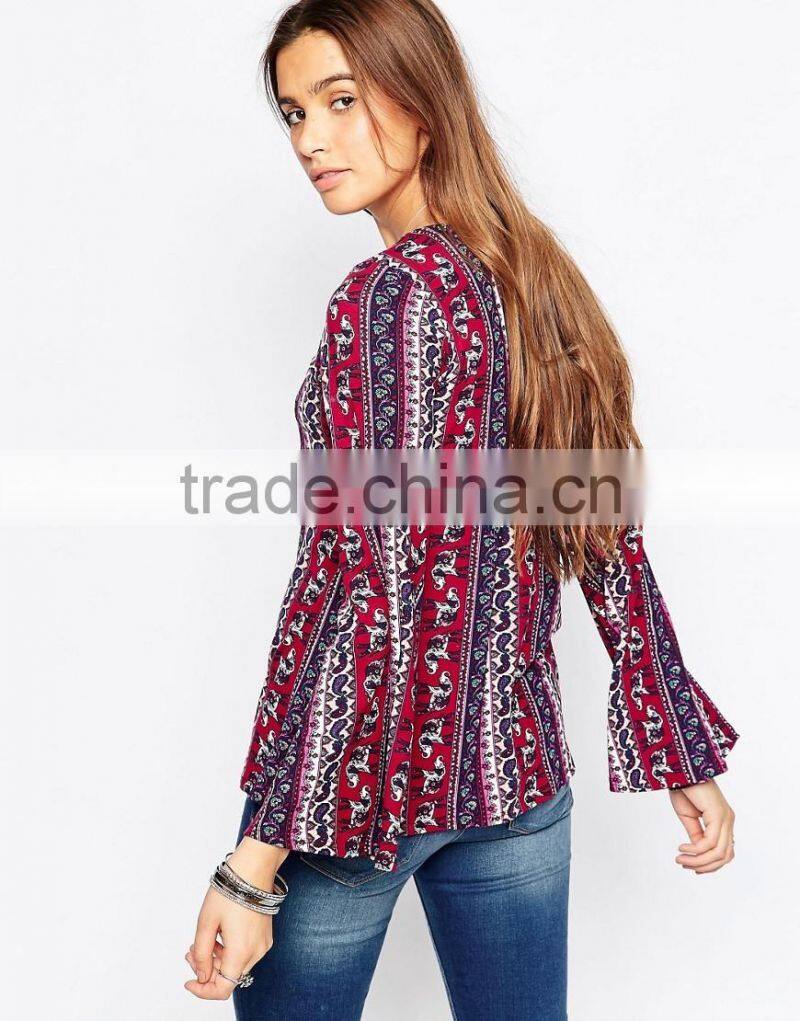 Vintage Print long sleeve Tops in guangzhou factory