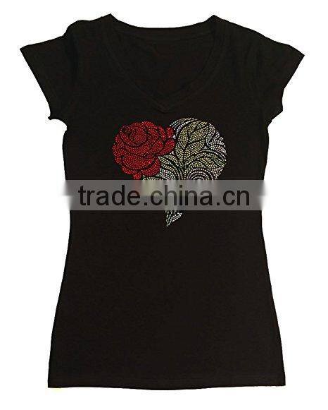 Womens Fashion T-shirt with Heart with Rose in Rhinestones