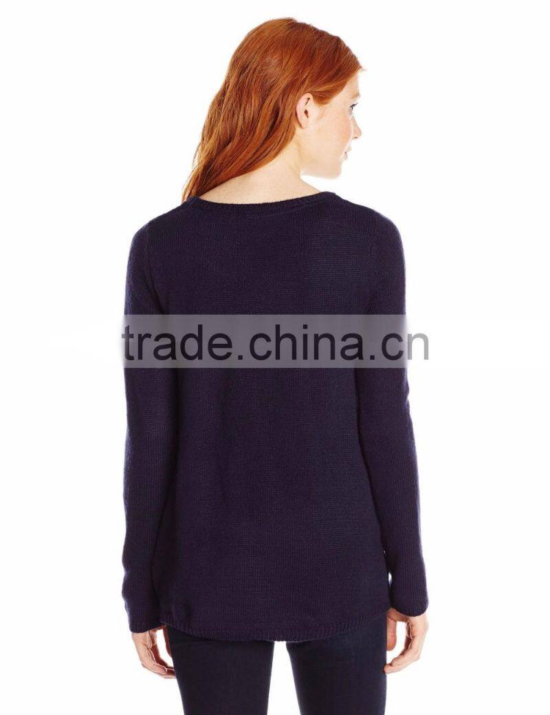 Women Deep Blue Sweater Dancing Little Reindeer Head Pattern Christmas Sweater Knitting Patterns