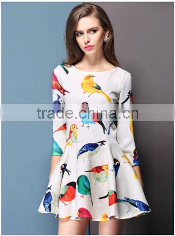 Casual 2015 Summer Style Sexy Bodycon Birds Print O Neck Pleated Party White Dress Women Vestidos Cheap Clothes China