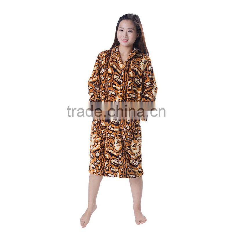 Women sexy animal printed fleece fabric bathrobe with zipper