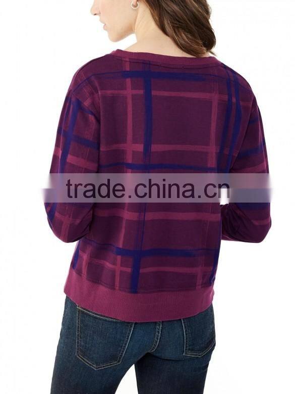 Newly Designed Purple Plead Eco-Micro Fleece Crew Sweatshirt with Irregular Hem for Women