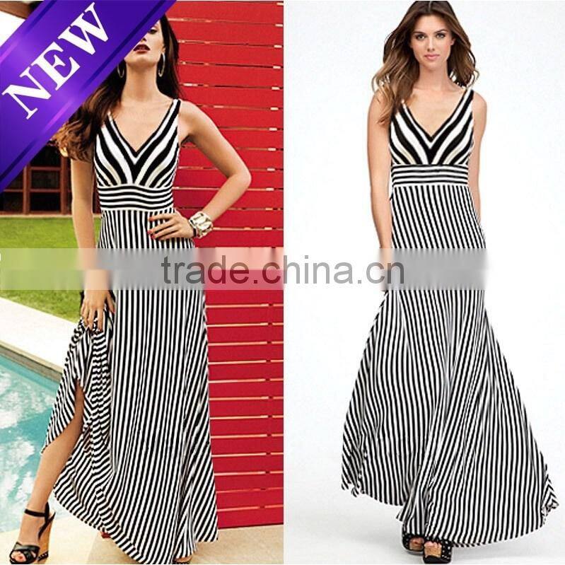 Deep V-Neck sleevless long Dresses elegant style striped Evening Party Summer dresses for wholesale 2016