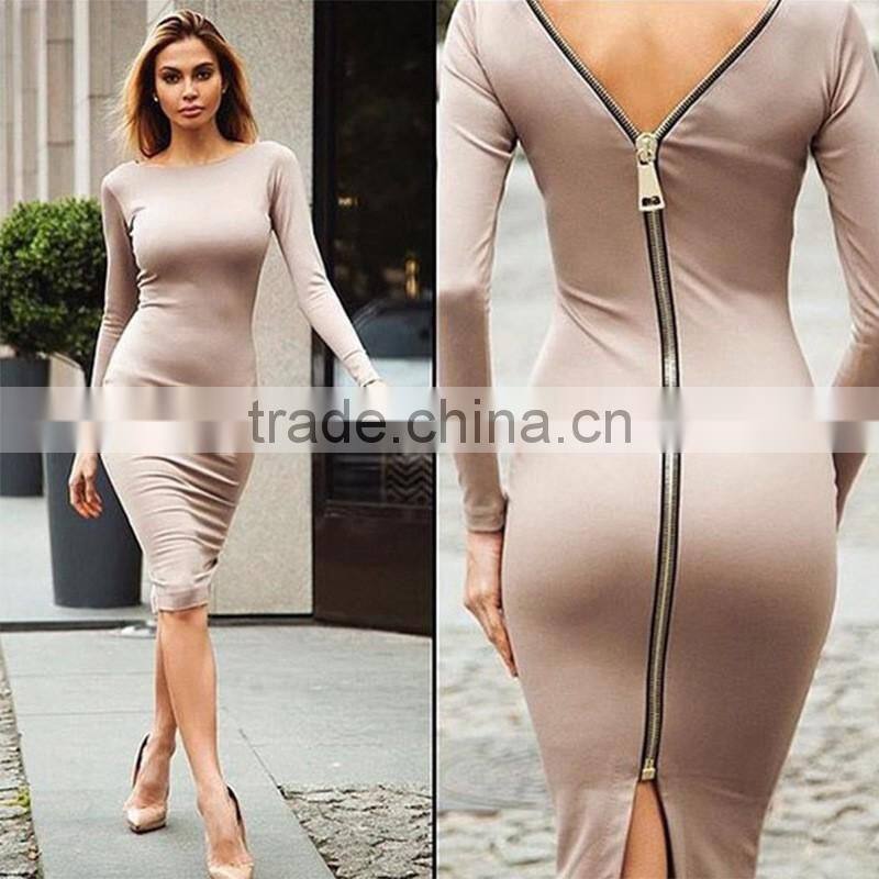 2016 designed for fashion women pencil dress long sleeve zip back ladies' dress OEM