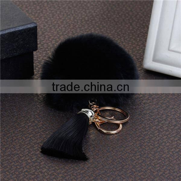 Custom Gold Plated Black Angora Pom Pom Ball Rayon Tassel Custom Keychain