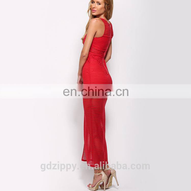 Sleeveless mesh stripe detial red net designer boutique dresses