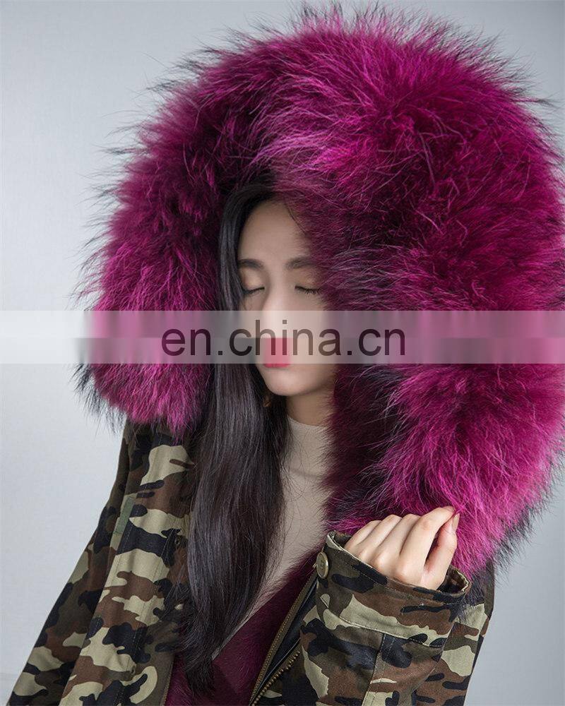 2016 Hot Sell Chinese Military Big Raccoon Fur Collar Parka Real Fox Fur Linling Camouflage Coat Women Winter Parka