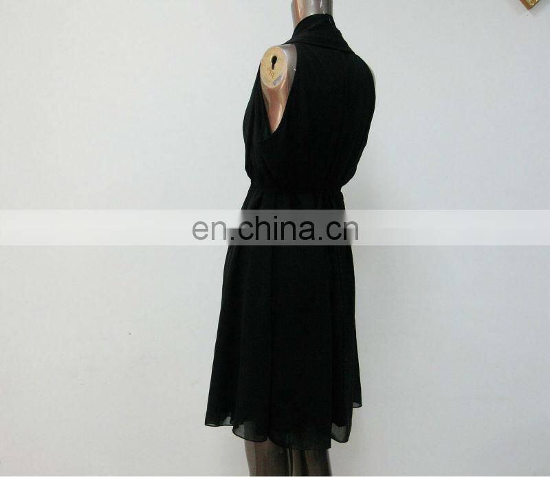 Pleated ladies sleeveless black chiffon open breast dress