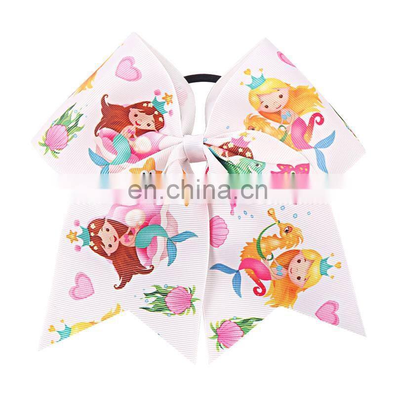7'' Girls Mermaid Pencil Print Cheer Bows Grosgrain Ribbon School Hair Bow Elastic Rubber Handmade Hair Clip Hair Accessories