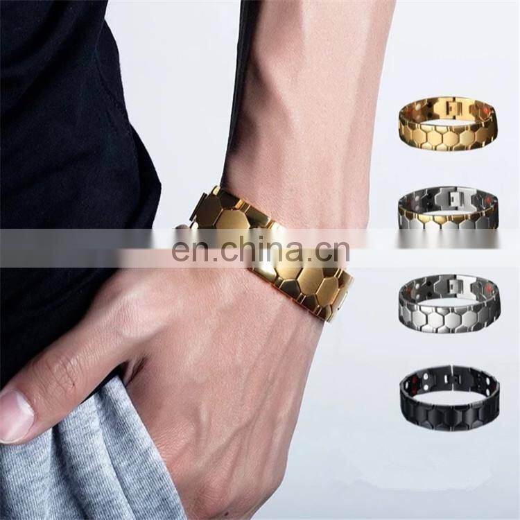 Double row 4 element pain relief Mens bio health stainless steel magnetic bracelet