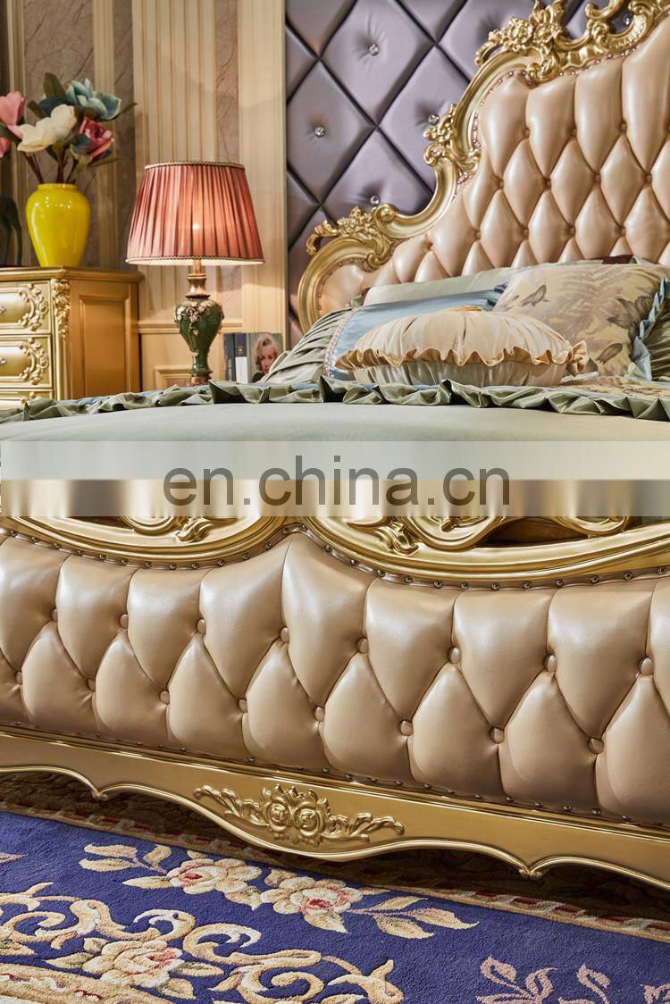 Classic bedroom furniture set Royal solid wood frame leather king bed