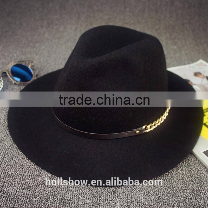 Link Chain Ribbon Decorated Wide Brim Jaz Vintage Wool Felt Man Fedora Hat