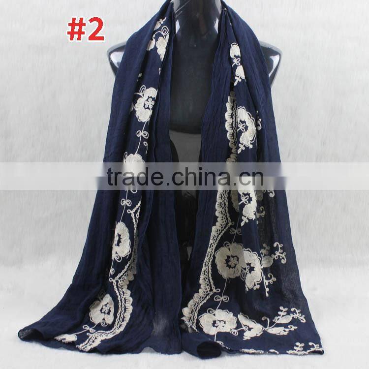 New Style Cotton Viscose Beautiful Flower Design Embroidery Shawl Scarf