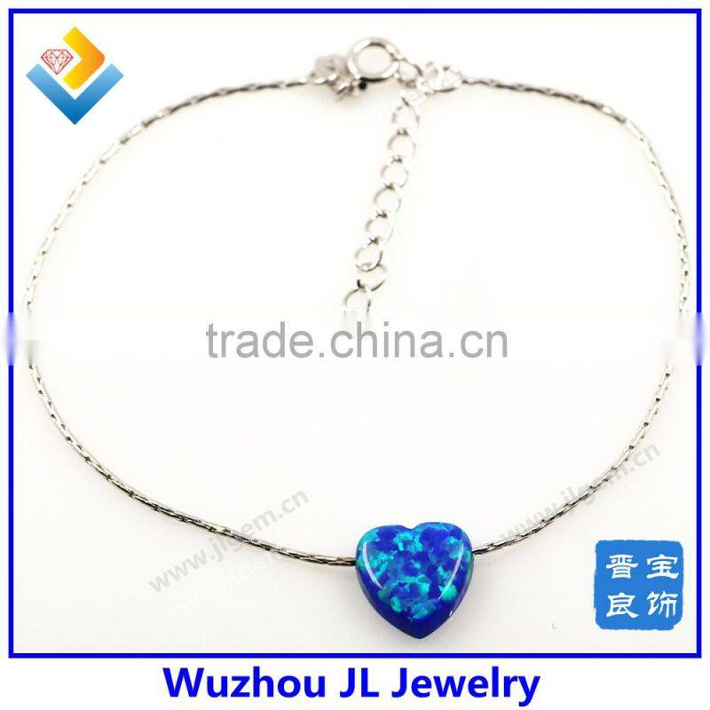 925 sterling silver bamboo chain bracleet with heart shape pendant synthetic opal bracelet