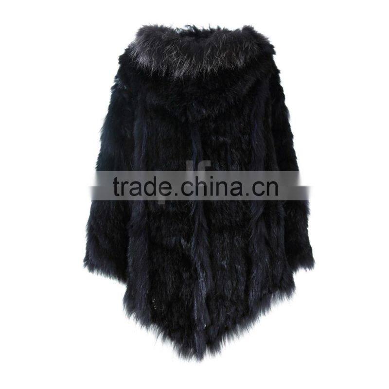 QD0807 Woman Knitted Rabbit Fur Poncho with Raccoon Fur Trim and Bigger Hood